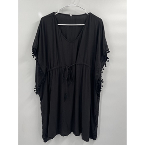 Wave Zone‎ S/M Kaftan Swim Cover Up Womens Black Excellent Pom Pom Trim Rayon